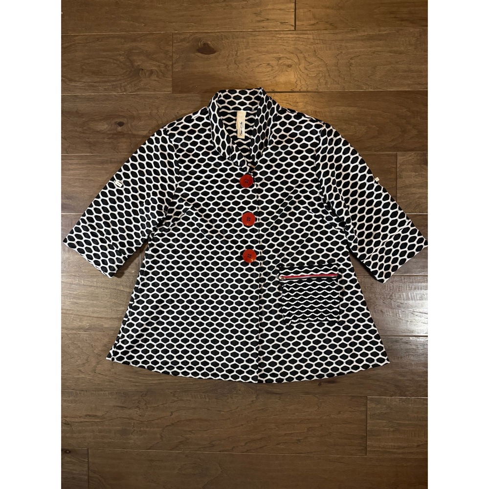Come N See Womens Black White Honeycomb Textured Jacket Red Buttons Size L CV149